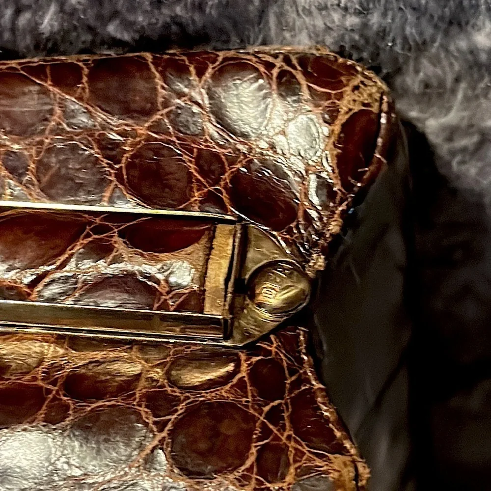 Very Authentic Crocodile Satchel Purse with Antique Gold Color Clasp & Hardware